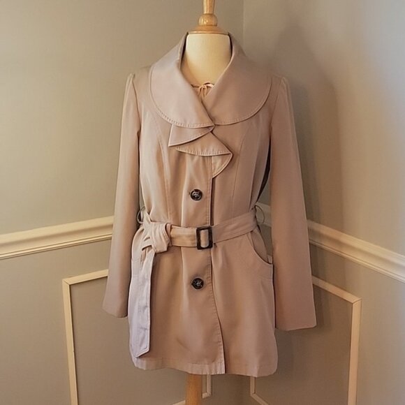 CYNTHIA ROWLEY Taupe Ruffle Collar Single Breasted Belted Classic Trench Coat M - Picture 1 of 13